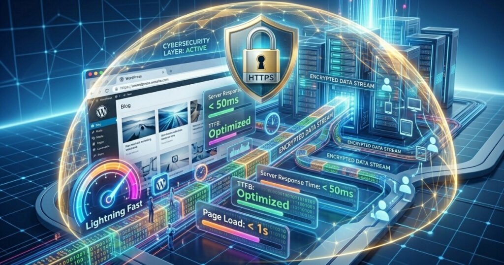 A futuristic conceptual infographic illustrating secure and fast web hosting. It shows a WordPress blog interface enclosed under a glowing digital shield with a golden padlock labeled HTTPS and "Cybersecurity Layer: Active." On the right, data center servers transmit glowing pipelines labeled "Encrypted Data Stream." Holographic metrics in the foreground highlight high-performance indicators: "Lightning Fast" speedometer, "Server Response Time: < 50ms," "TTFB: Optimized," and "Page Load: < 1s.