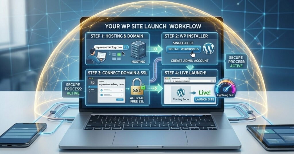 An infographic on a laptop screen illustrating a 4-step WordPress site launch workflow, enclosed under a protective digital dome labeled "Secure Process: Active." Step 1 shows choosing a hosting server and searching for a domain. Step 2 shows a single-click "Install WordPress" button to create an admin account. Step 3 demonstrates connecting the domain and activating a free SSL certificate. Step 4 features a live launch screen moving from a "Coming Soon" page to "Live!" with a "Lightning Fast" performance gauge.
