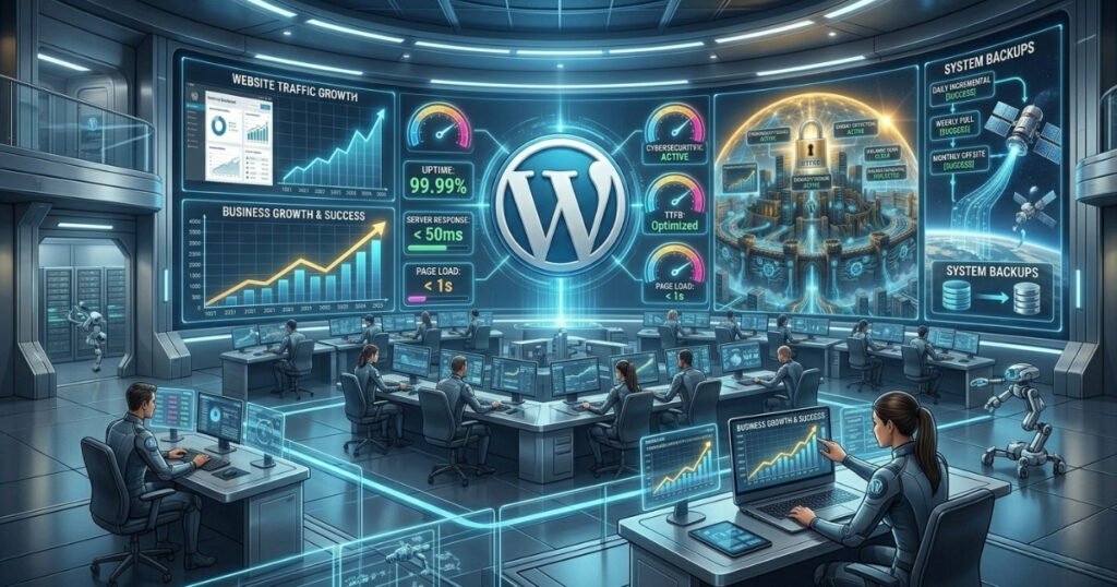 An enterprise operations room and boardroom showcasing a comprehensive WordPress website management dashboard tracking high uptime, fast page speed, cybersecurity layers, and automated system backups.