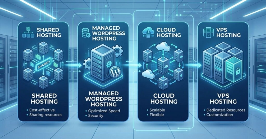 An infographic diagram showcasing four main types of web hosting options arranged in vertical cards against a blue server room background. The cards are: 1. Shared Hosting (cost-effective, sharing resources), 2. Managed WordPress Hosting (optimized speed, security), 3. Cloud Hosting (scalable, flexible), and 4. VPS Hosting (dedicated resources, customization). Arrows connect the cards from left to right, each featuring futuristic server and cloud illustrations.