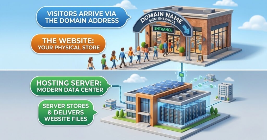 An educational diagram explaining web hosting and domains. It illustrates visitors using a domain name to enter a "website" brick-and-mortar store, supported underneath by a "hosting server" data center that stores the website files.