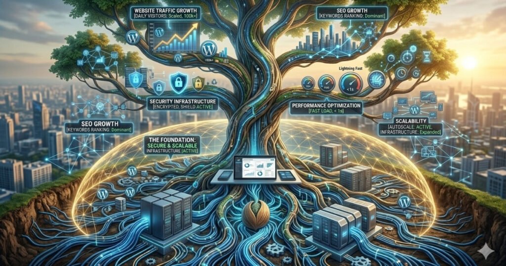 A conceptual digital infographic of a large "growth tree" fueled by an underlying web hosting server foundation, highlighting the connection between secure infrastructure and website traffic, SEO growth, performance optimization, and scalability.