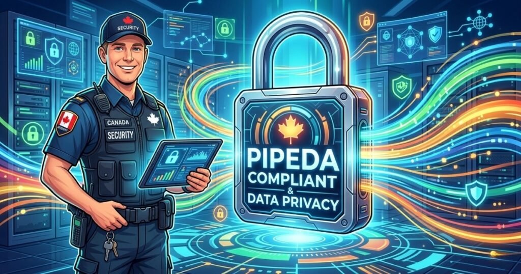 Canadian security guard protecting a large digital lock with a maple leaf and PIPEDA compliance text.